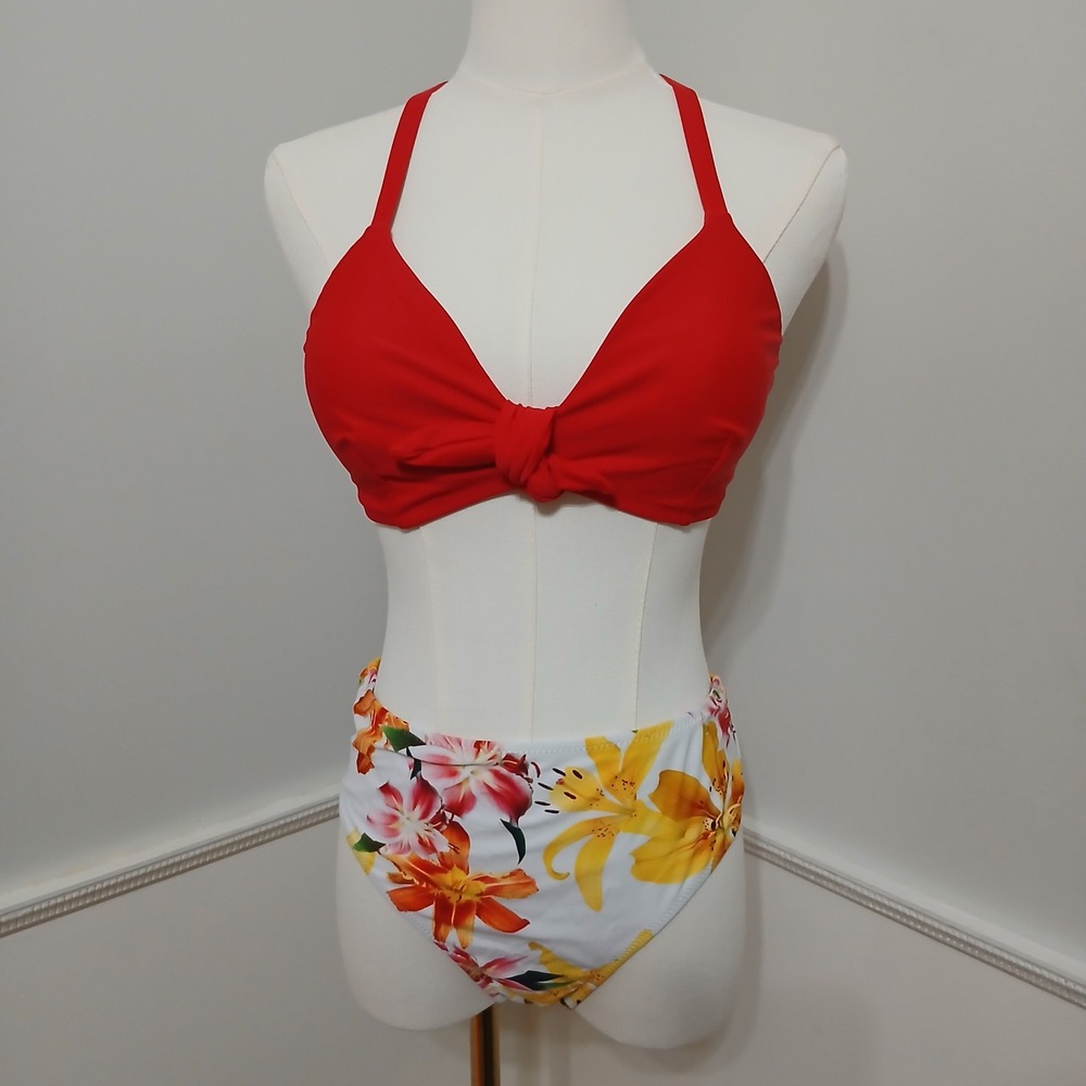 CUPSHE Womens Red Twist Front Halter Bikini Floral High Waisted Swimsuit Set M